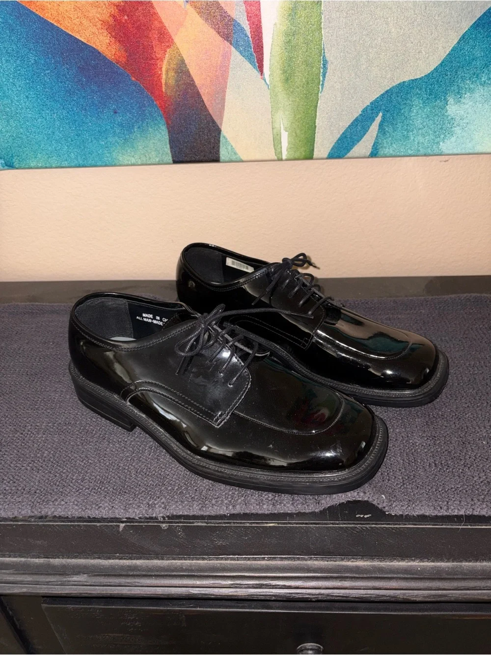 Men’s American Vintage Gloss Black Leather Dress Shoes Polished Oxfords, size 12